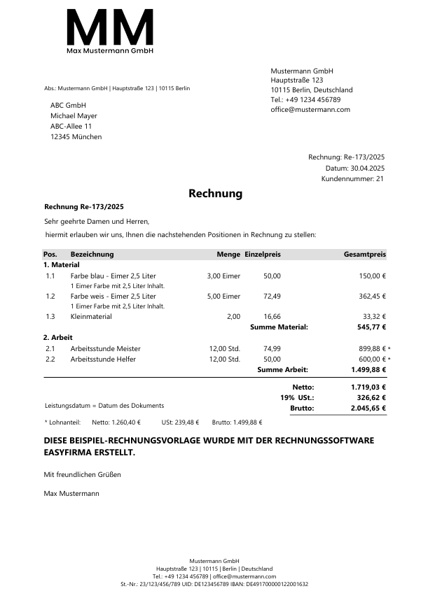 Rechnungsvorlage ausgewiesene Lohnkosten