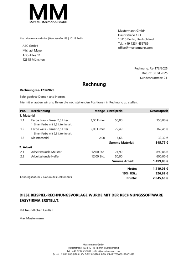 Professionelle Rechnung Beispiel