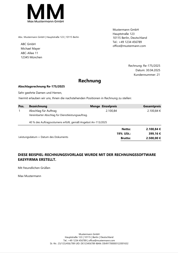 Vorlage Abschlagsrechnung