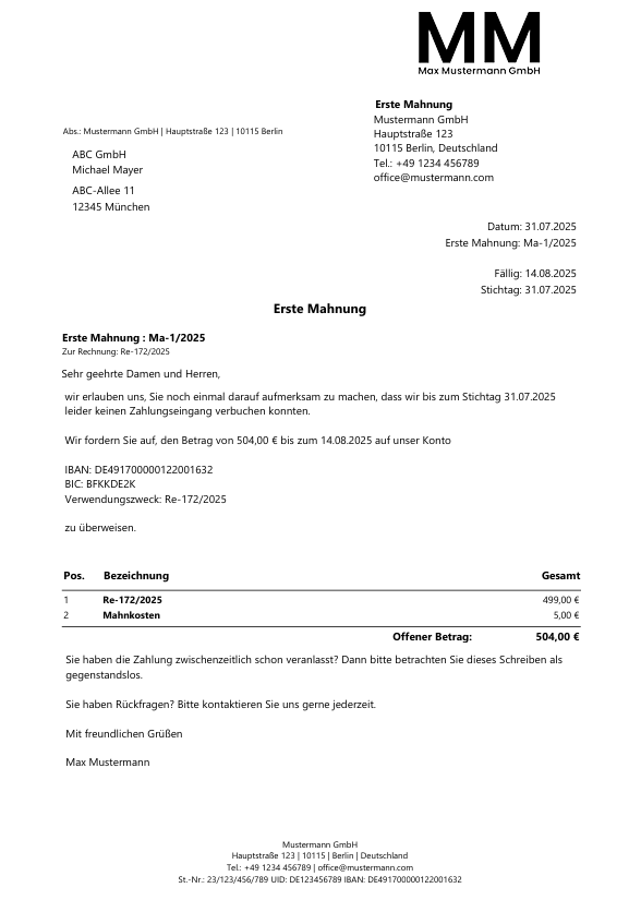 Vorlage Mahnung Beispiel